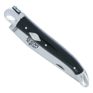 Couteau Forge de Laguiole Eddy Mitchell Buffle 2 Mitres Inox Brillant Ressort 2 Perles Turquoise Plaque avec Initiales du Chanteur 1 Pièce Finition Brillante 11cm