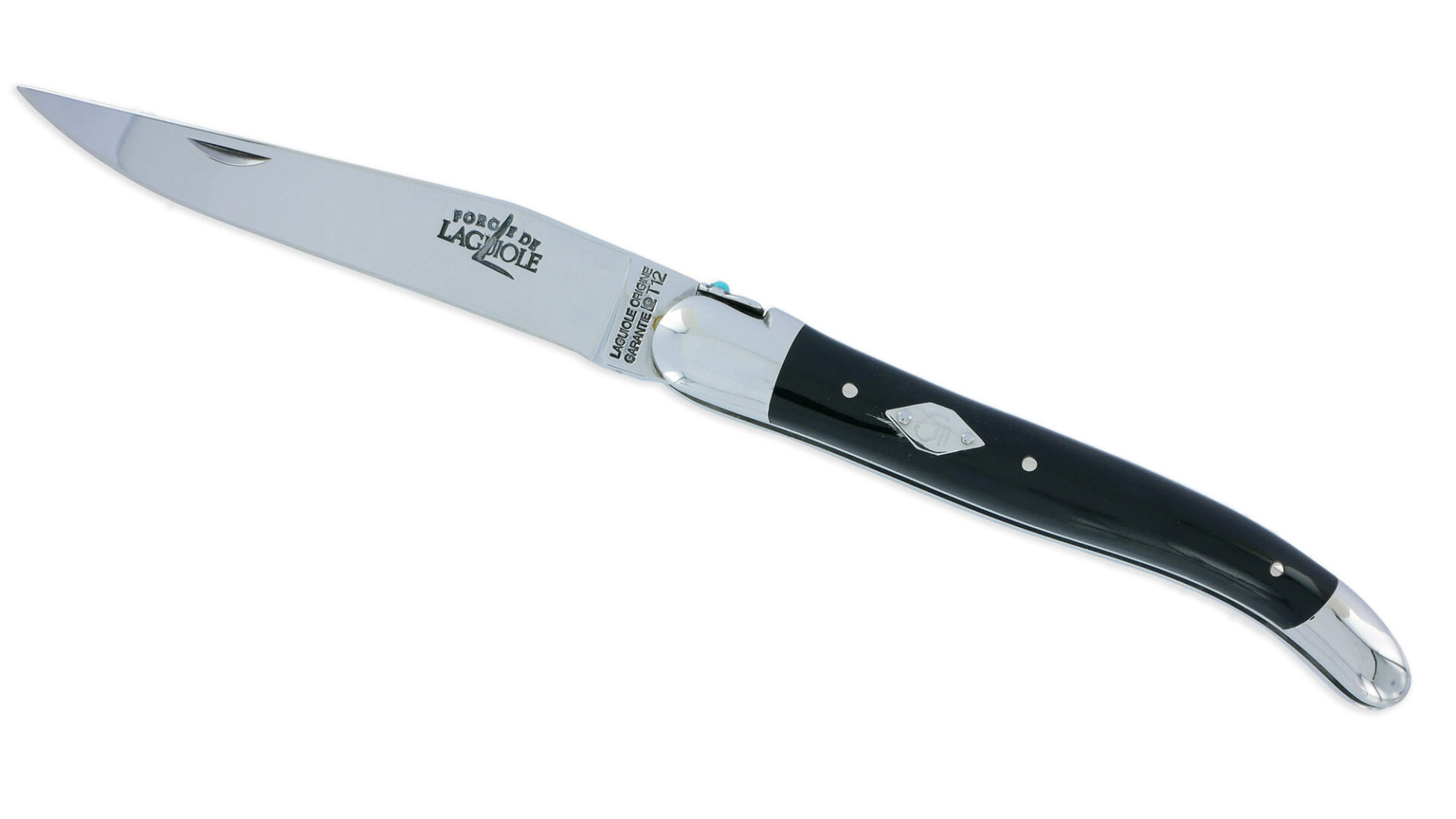 Couteau Forge de Laguiole Eddy Mitchell Buffle 2 Mitres Inox Brillant Ressort 2 Perles Turquoise Plaque avec Initiales du Chanteur 1 Pièce Finition Brillante 11cm