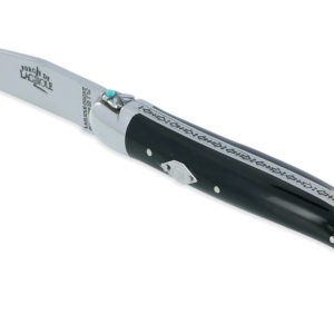 Couteau Forge de Laguiole Eddy Mitchell Buffle 2 Mitres Inox Brillant Ressort 2 Perles Turquoise Plaque avec Initiales du Chanteur 1 Pièce Finition Brillante 11cm