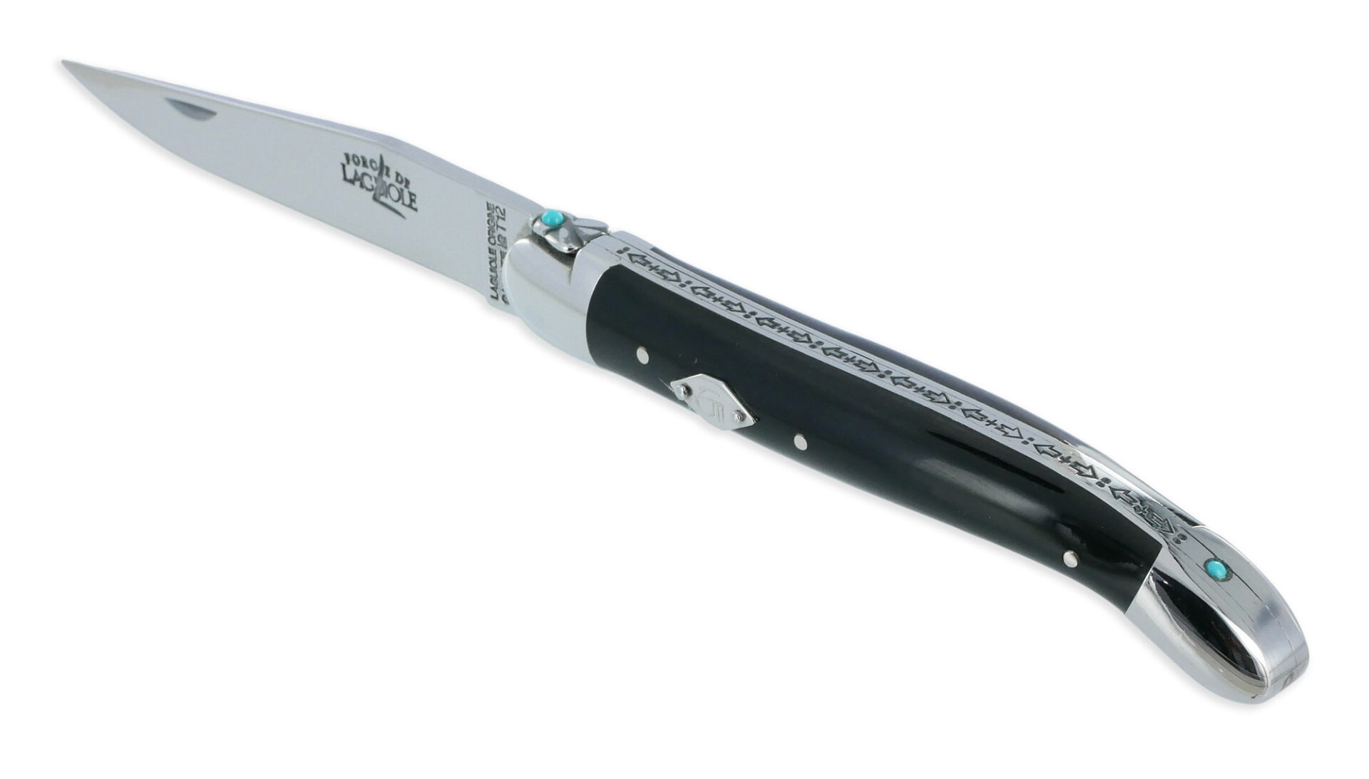 Couteau Forge de Laguiole Eddy Mitchell Buffle 2 Mitres Inox Brillant Ressort 2 Perles Turquoise Plaque avec Initiales du Chanteur 1 Pièce Finition Brillante 11cm
