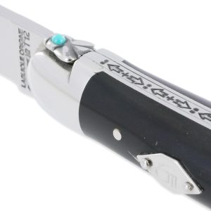 Couteau Forge de Laguiole Eddy Mitchell Buffle 2 Mitres Inox Brillant Ressort 2 Perles Turquoise Plaque avec Initiales du Chanteur 1 Pièce Finition Brillante 11cm