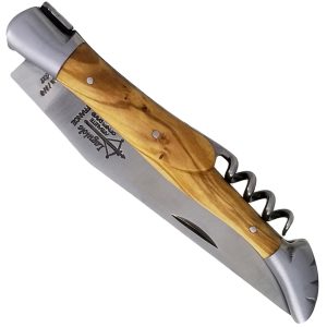 Laguiole Yesterday Knife Olivewood Handle 2 Pieces 12cm 2 Brushed Stainless Steel Bolsters with Corkscrew
