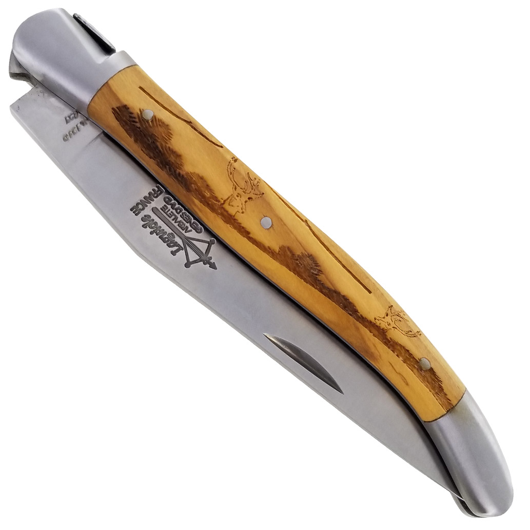 Couteau_Laguiole_Antan_Manche_Olivier_Gravure_Cerf_2_Mitres_Inox_Brosse_1_Piece_12cm