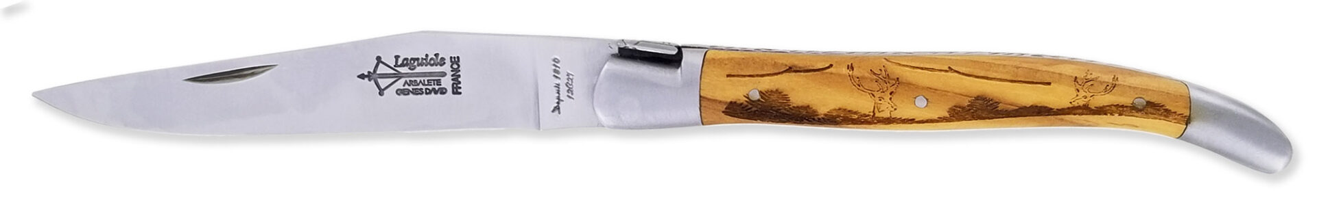 Couteau_Laguiole_Antan_Manche_Olivier_Gravure_Cerf_2_Mitres_Inox_Brosse_1_Piece_12cm