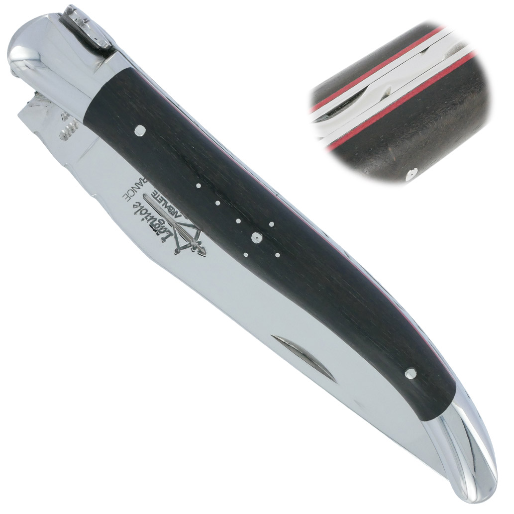Couteau Laguiole Arbalète Manche Ebène 2 Mitres Inox Brillant Entretoises rouge 1 Pièce 12cm