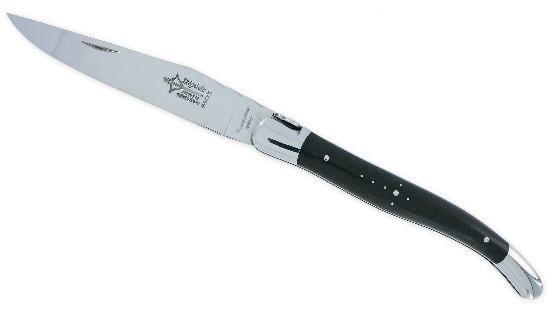 Couteau Laguiole Arbalète Manche Ebène 2 Mitres Inox Brillant Entretoises rouge 1 Pièce 12cm