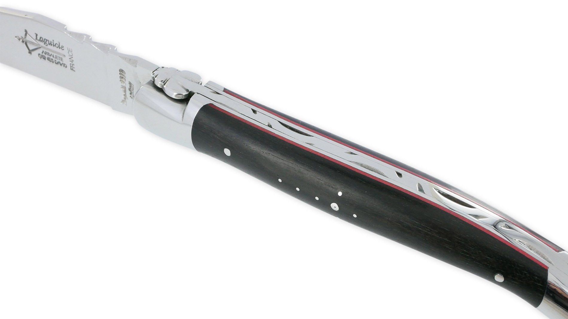 Couteau Laguiole Arbalète Manche Ebène 2 Mitres Inox Brillant Entretoises rouge 1 Pièce 12cm