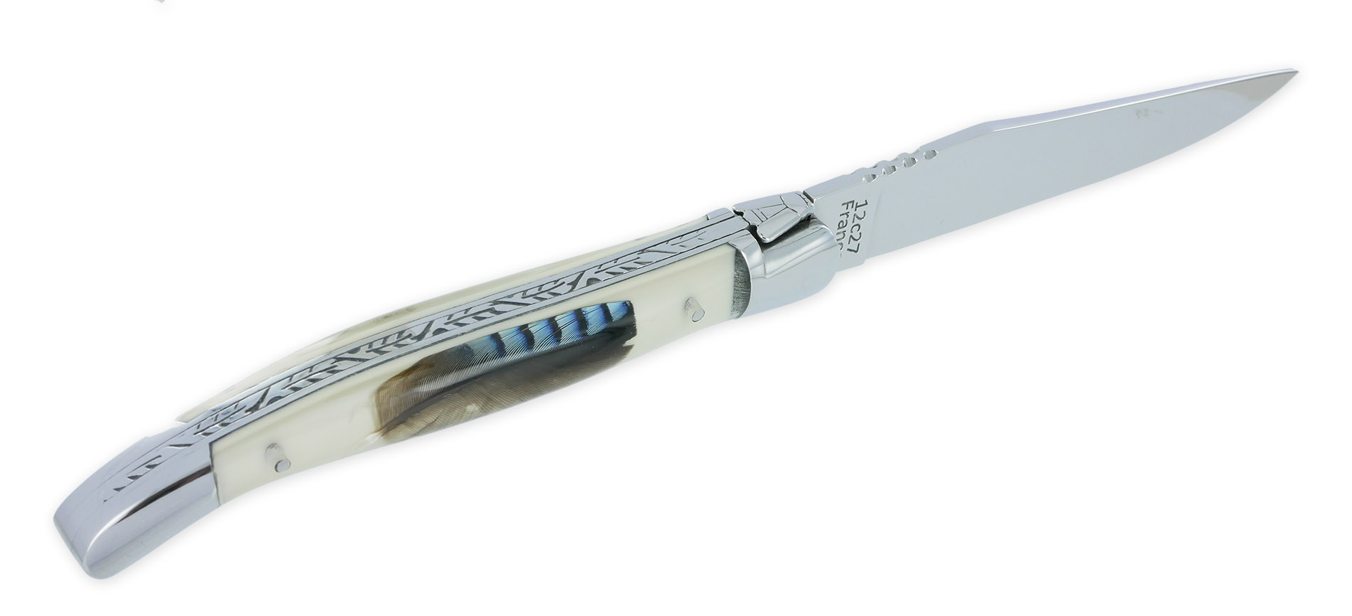 Couteau Laguiole Arbalète Manche en Résine Acrylique incrustation plume de Geai Ressort Guilloché 1 Pièce 2 Mitres Finition Brillante 12cm