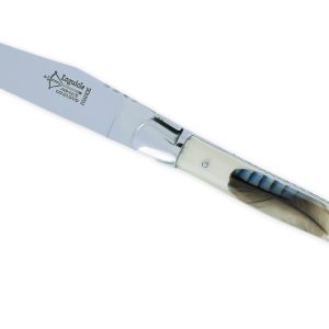 Couteau Laguiole Arbalète Manche en Résine Acrylique incrustation plume de Geai Ressort Guilloché 1 Pièce 2 Mitres Finition Brillante 12cm