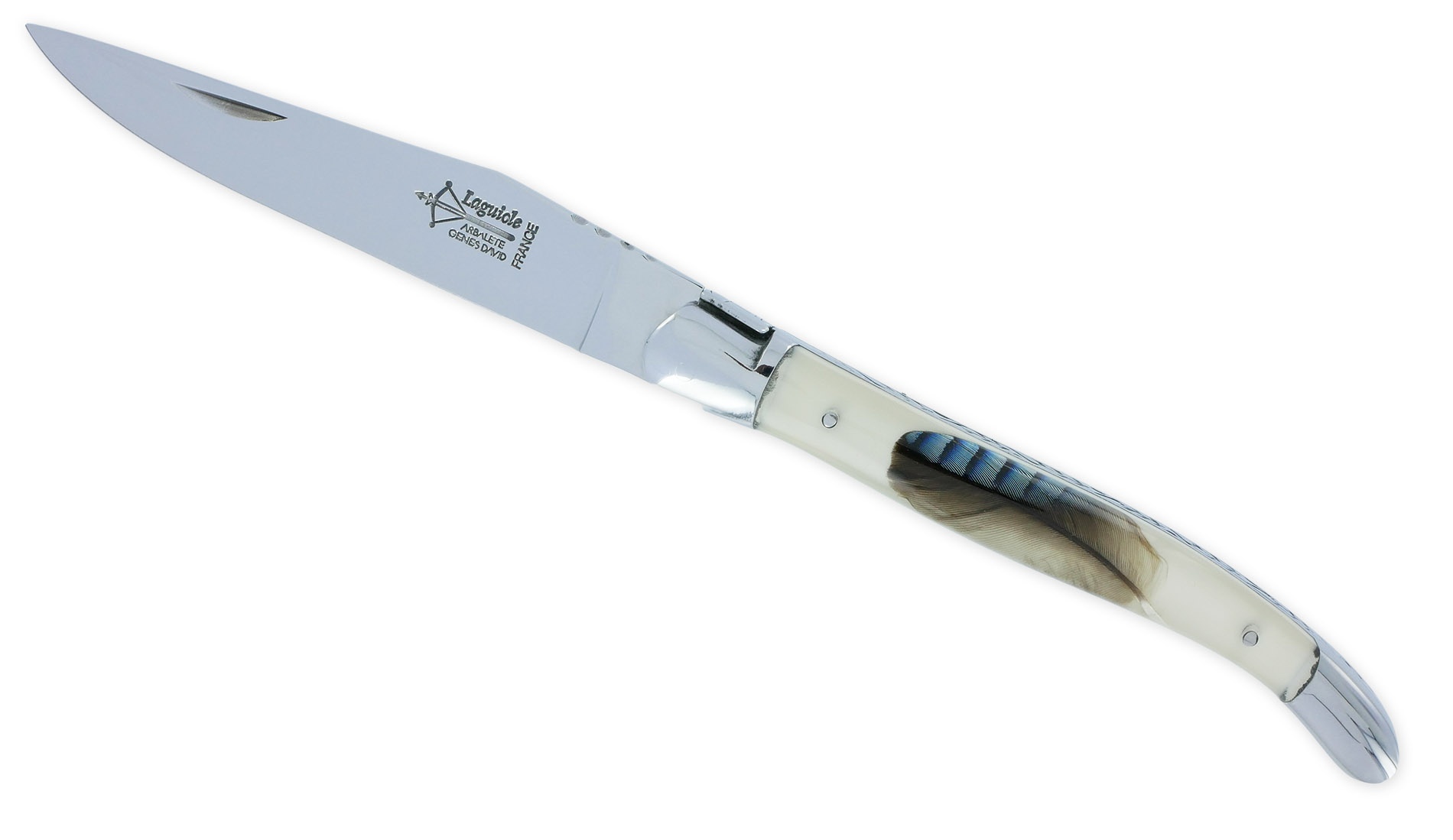 Couteau Laguiole Arbalète Manche en Résine Acrylique incrustation plume de Geai Ressort Guilloché 1 Pièce 2 Mitres Finition Brillante 12cm
