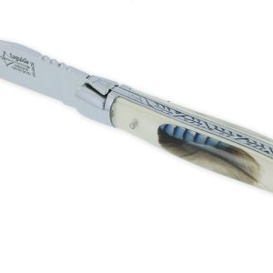 Couteau Laguiole Arbalète Manche en Résine Acrylique incrustation plume de Geai Ressort Guilloché 1 Pièce 2 Mitres Finition Brillante 12cm