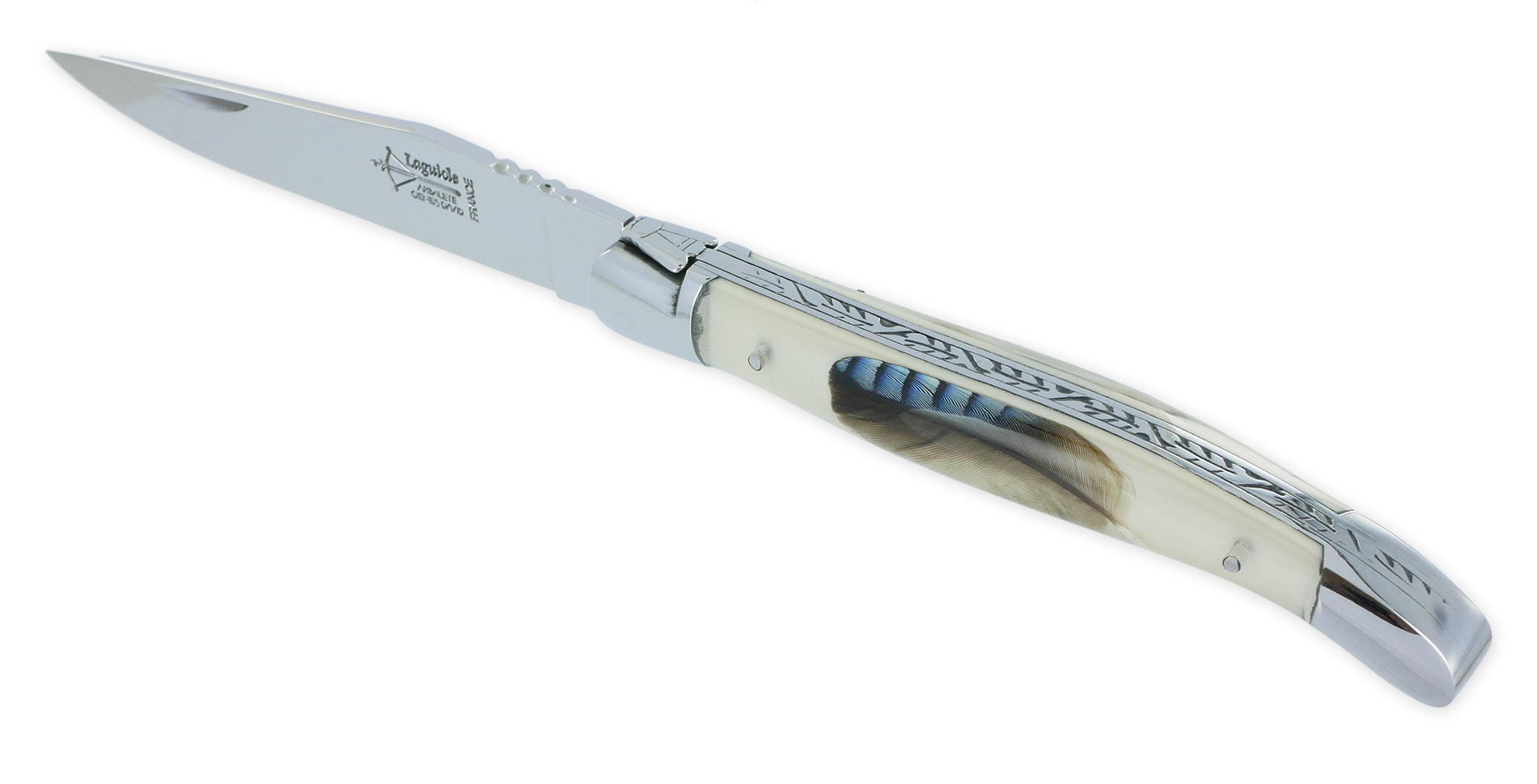 Couteau Laguiole Arbalète Manche en Résine Acrylique incrustation plume de Geai Ressort Guilloché 1 Pièce 2 Mitres Finition Brillante 12cm