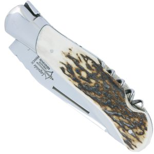 Couteau Laguiole de Chasse Arbalète avec Tire Bouchon Manche Bois de cerf 12cm Finition Brillante