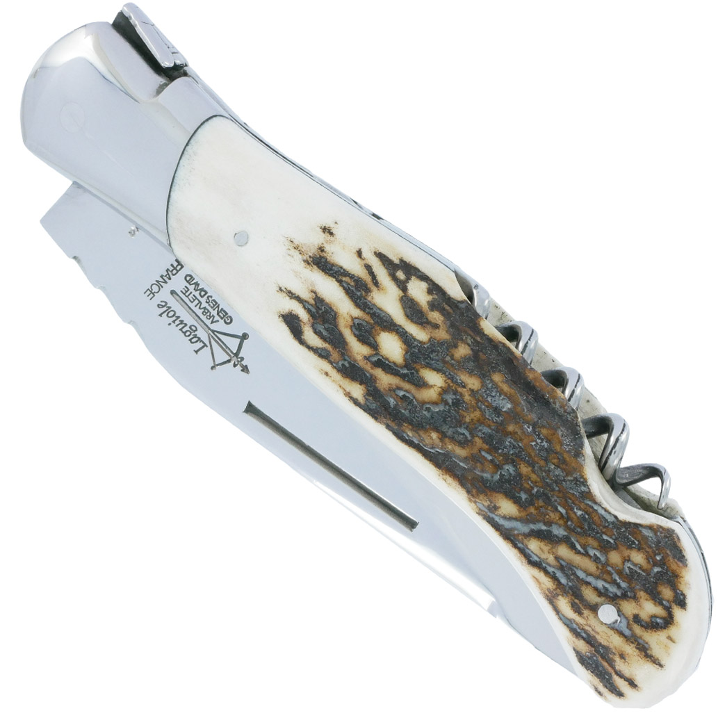 Couteau Laguiole de Chasse Arbalète avec Tire Bouchon Manche Bois de cerf 12cm Finition Brillante