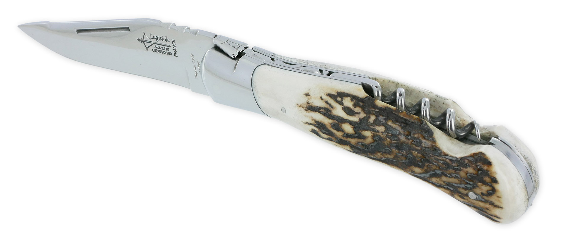 Couteau Laguiole de Chasse Arbalète avec Tire Bouchon Manche Bois de cerf 12cm Finition Brillante