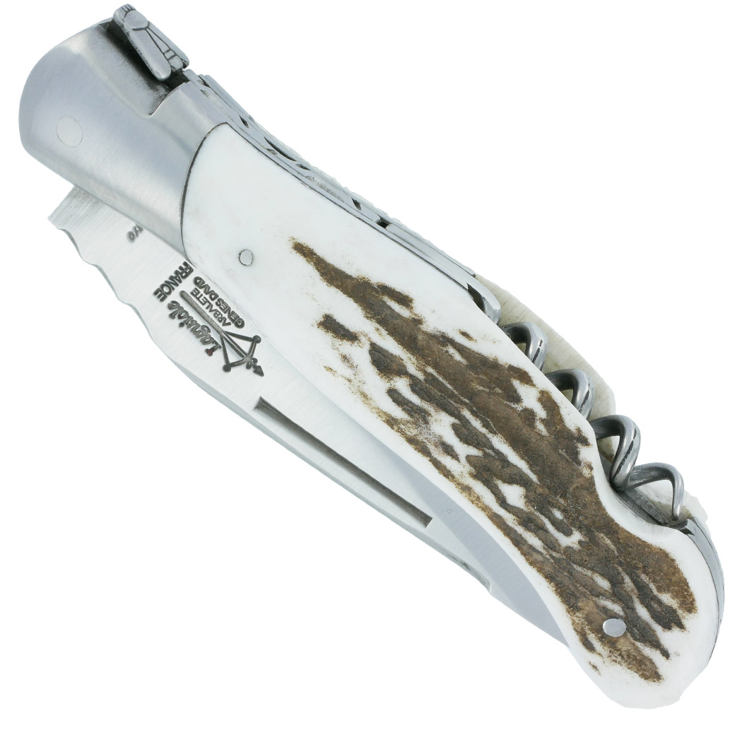 Couteau Laguiole de Chasse Arbalète avec Tire Bouchon Manche Bois de cerf 12cm Finition Brossée