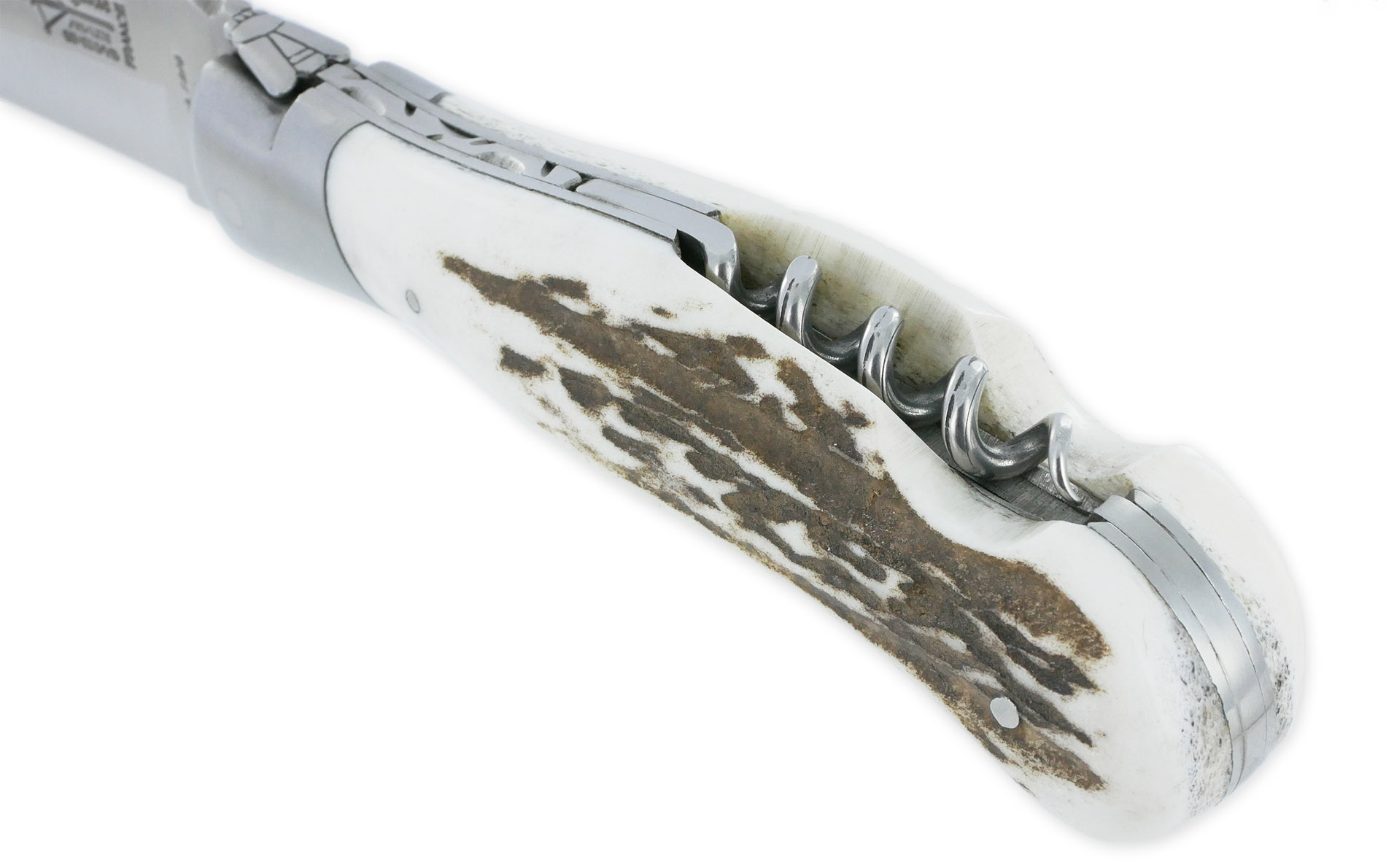 Couteau Laguiole de Chasse Arbalète avec Tire Bouchon Manche Bois de cerf 12cm Finition Brossée