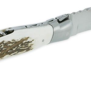 Couteau Laguiole de Chasse Arbalète avec Tire Bouchon Manche Bois de cerf 12cm Finition Brossée