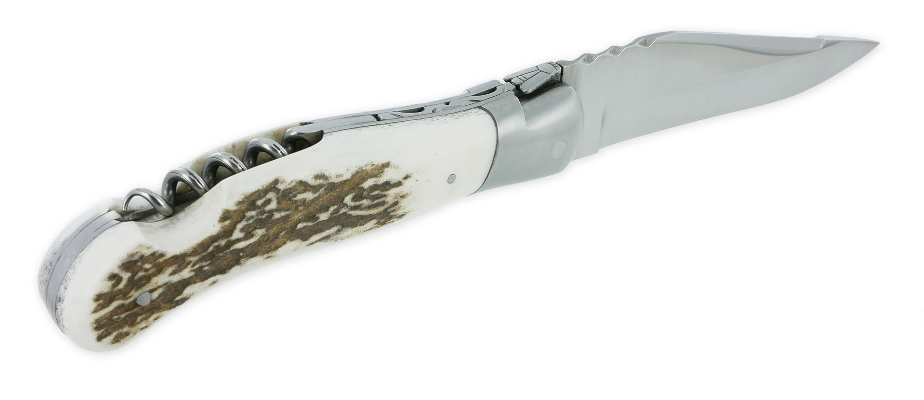 Couteau Laguiole de Chasse Arbalète avec Tire Bouchon Manche Bois de cerf 12cm Finition Brossée