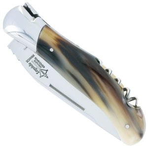 Couteau Laguiole de Chasse Arbalète avec Tire Bouchon Manche Pointe de Corne 12cm