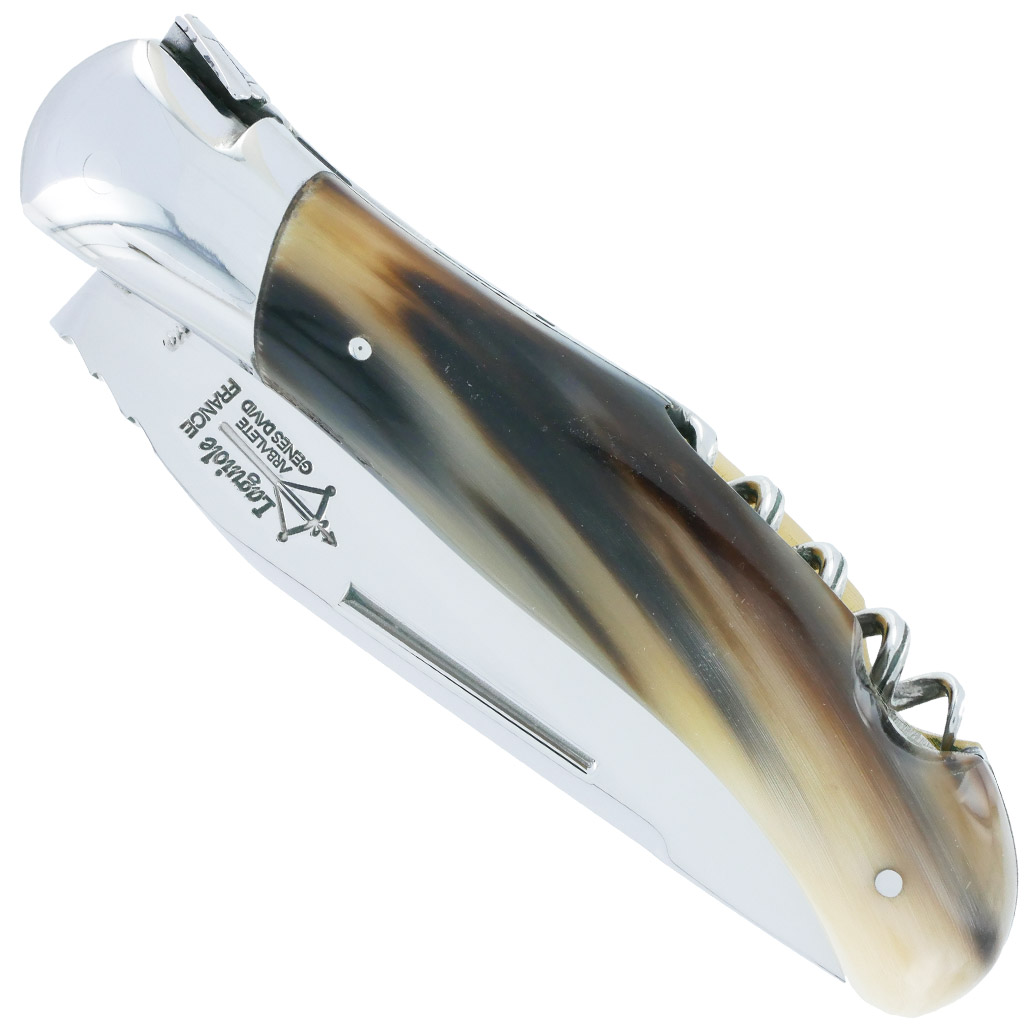 Couteau Laguiole de Chasse Arbalète avec Tire Bouchon Manche Pointe de Corne 12cm