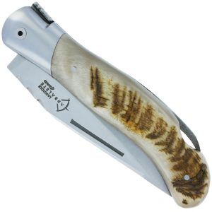 Couteau Laguiole de Chasse Arbalète Manche Croute de Bélier Blond Finition Brossée 12cm