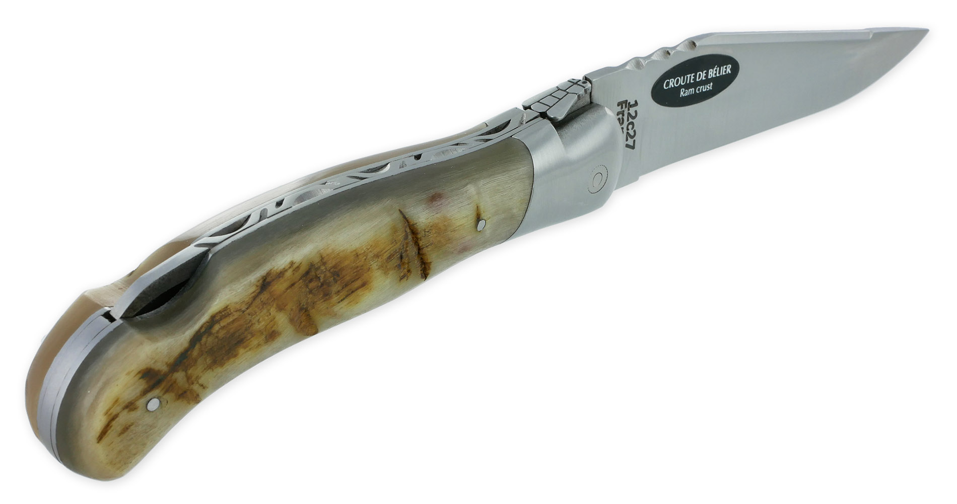 Couteau Laguiole de Chasse Arbalète Manche Croute de Bélier Blond Finition Brossée 12cm