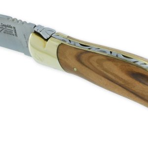Couteau Laguiole de Chasse Arbalète Manche Olivier Mitre avant et Platines Laiton finition brillante 12cm