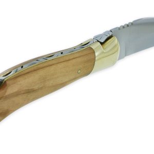 Couteau Laguiole de Chasse Arbalète Manche Olivier Mitre avant et Platines Laiton finition brillante 12cm