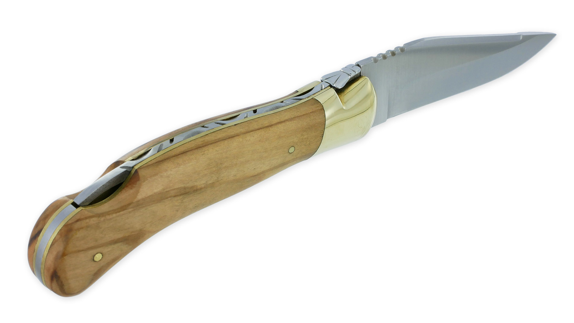 Couteau Laguiole de Chasse Arbalète Manche Olivier Mitre avant et Platines Laiton finition brillante 12cm