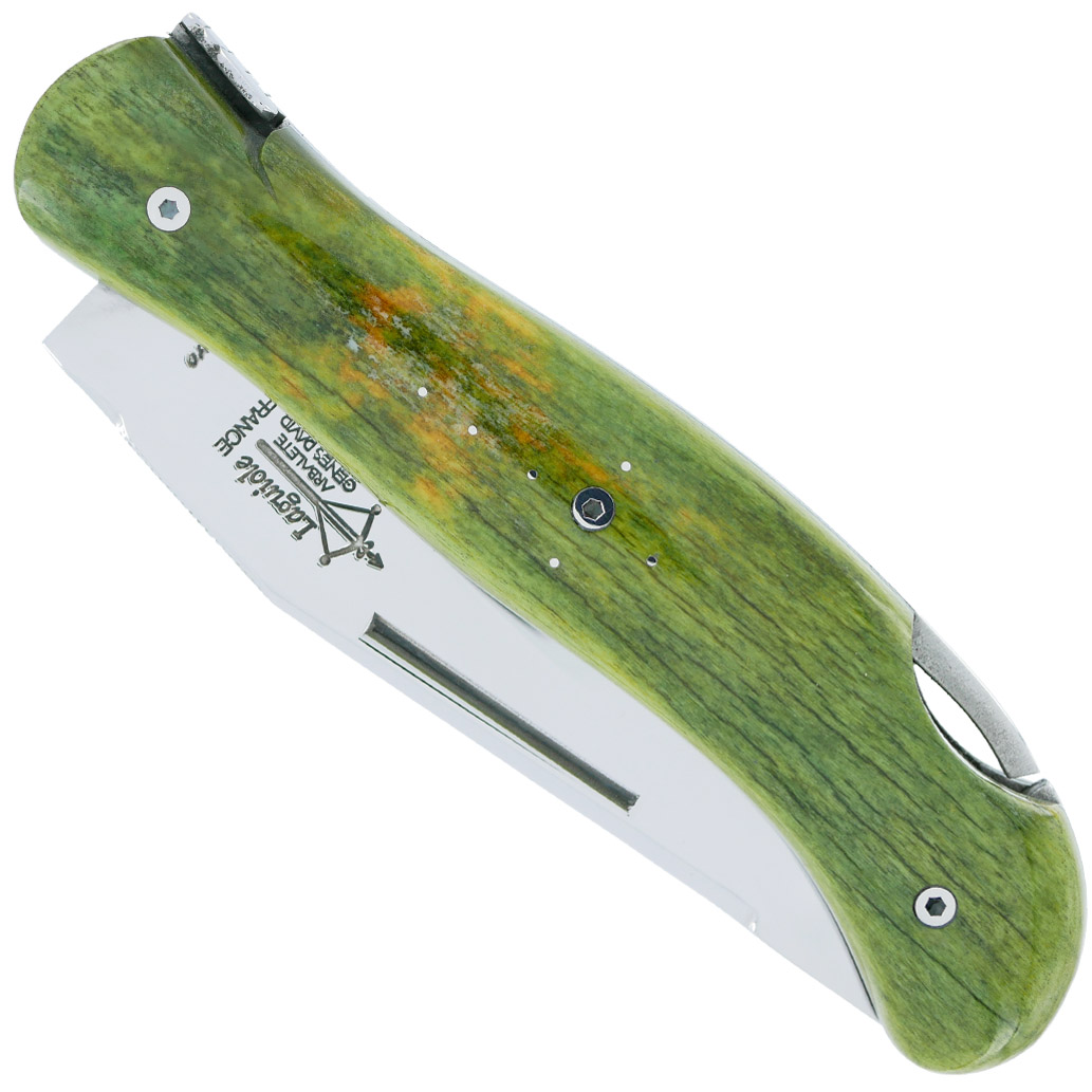 Couteau Laguiole de Chasse Arbalète Manche Os Teinté Safari 12cm Finition Brillante Vert