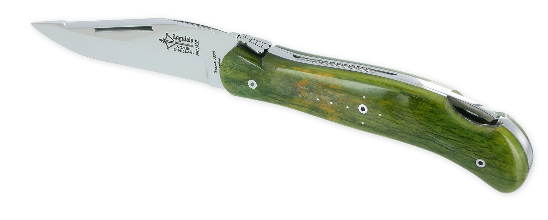 Couteau Laguiole de Chasse Arbalète Manche Os Teinté Safari 12cm Finition Brillante Vert
