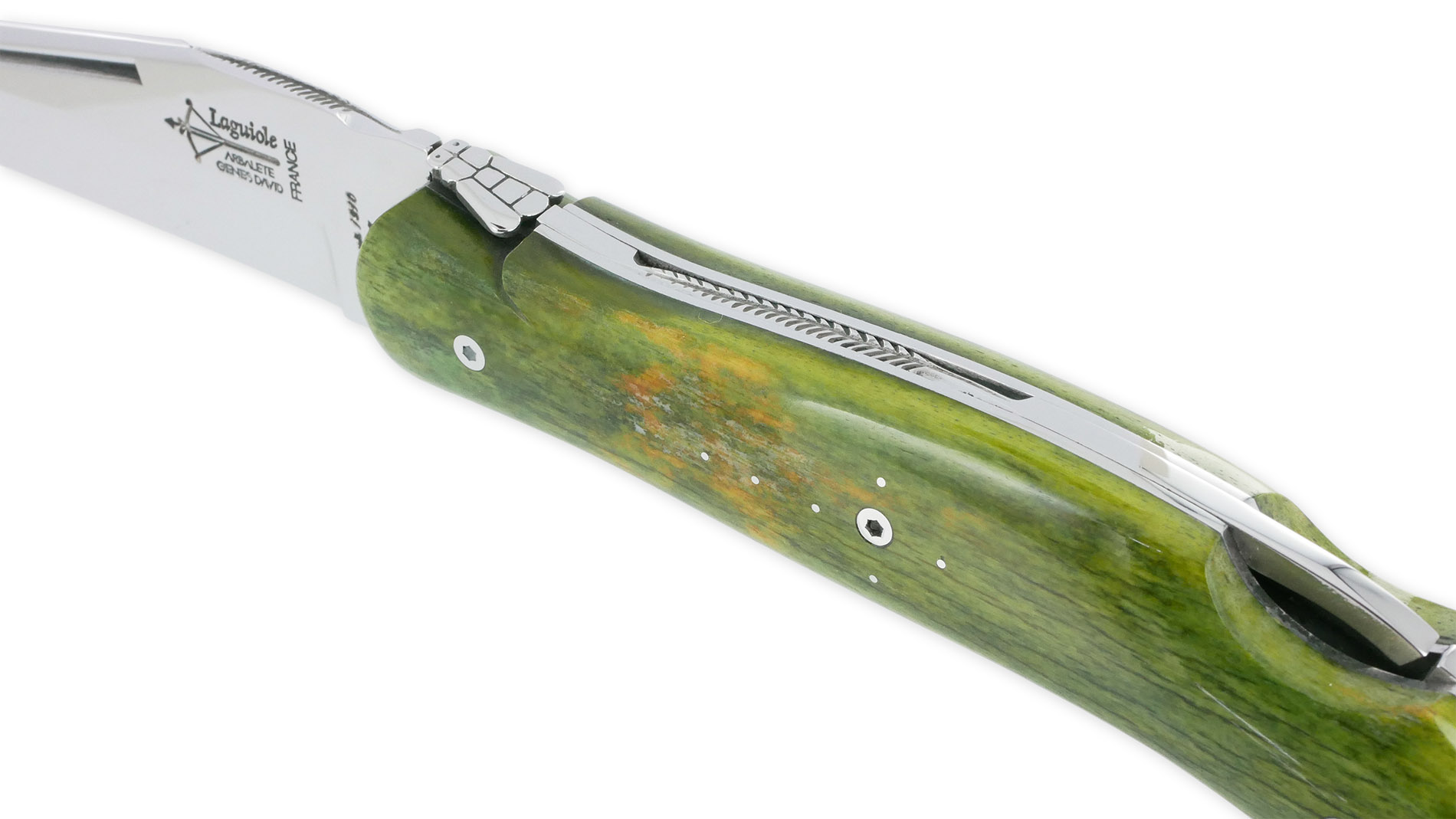 Couteau Laguiole de Chasse Arbalète Manche Os Teinté Safari 12cm Finition Brillante Vert
