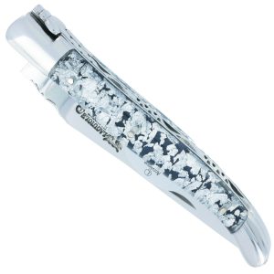 Couteau Laguiole en Aubrac 1 Piece 12 cm 2 mitres inox manche Acrylique Paillete Argent Finition Brillante