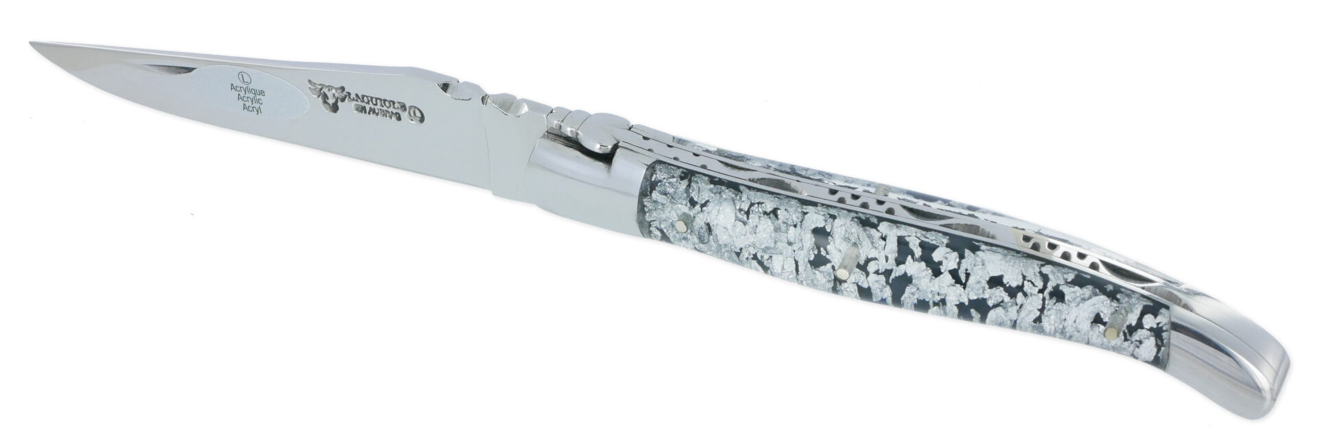 Couteau Laguiole en Aubrac 1 Piece 12 cm 2 mitres inox manche Acrylique Paillete Argent Finition Brillante