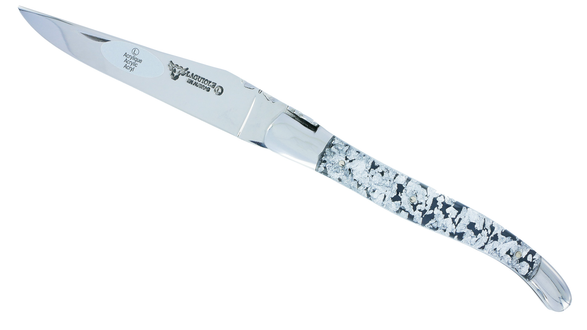 Couteau Laguiole en Aubrac 1 Piece 12 cm 2 mitres inox manche Acrylique Paillete Argent Finition Brillante