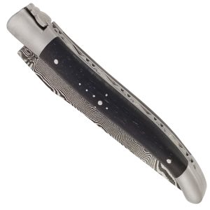 Couteau Laguiole en Aubrac 1 pièce 12cm Manche Ebène 2 Mitres Inox Brossé Lame Damas Balbach