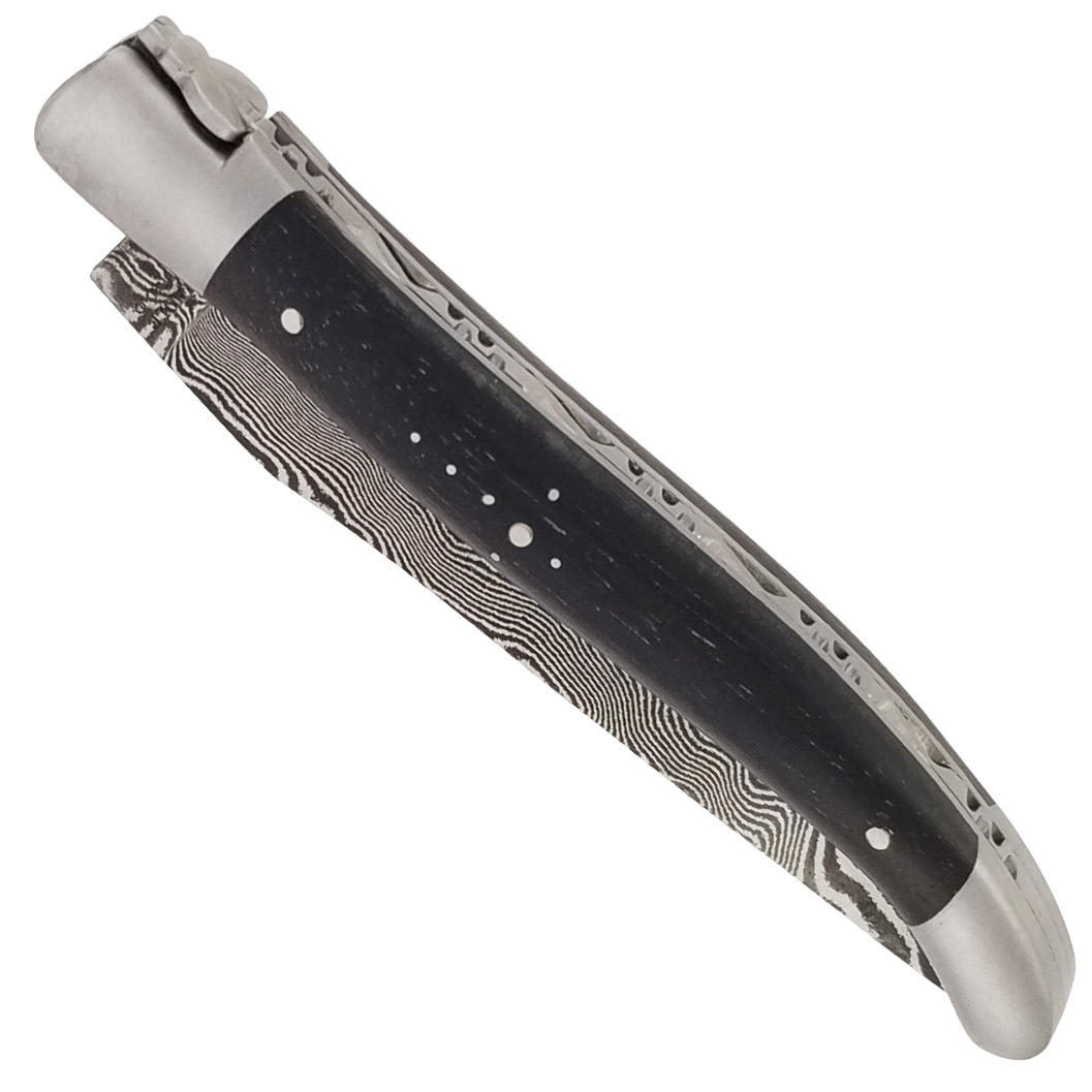 Couteau Laguiole en Aubrac 1 pièce 12cm Manche Ebène 2 Mitres Inox Brossé Lame Damas Balbach