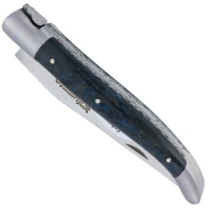 Couteau Laguiole en Aubrac 1 Pièce 12 cm Double Platines Carbone Pailleté Bleu Nacré 2 Mitres Inox Brossé Lame Inox Brossé Num3