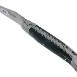 Couteau Laguiole en Aubrac 1 Pièce 12 cm Double Platines Carbone Pailleté Bleu Nacré 2 Mitres Inox Brossé Lame Inox Brossé Num3