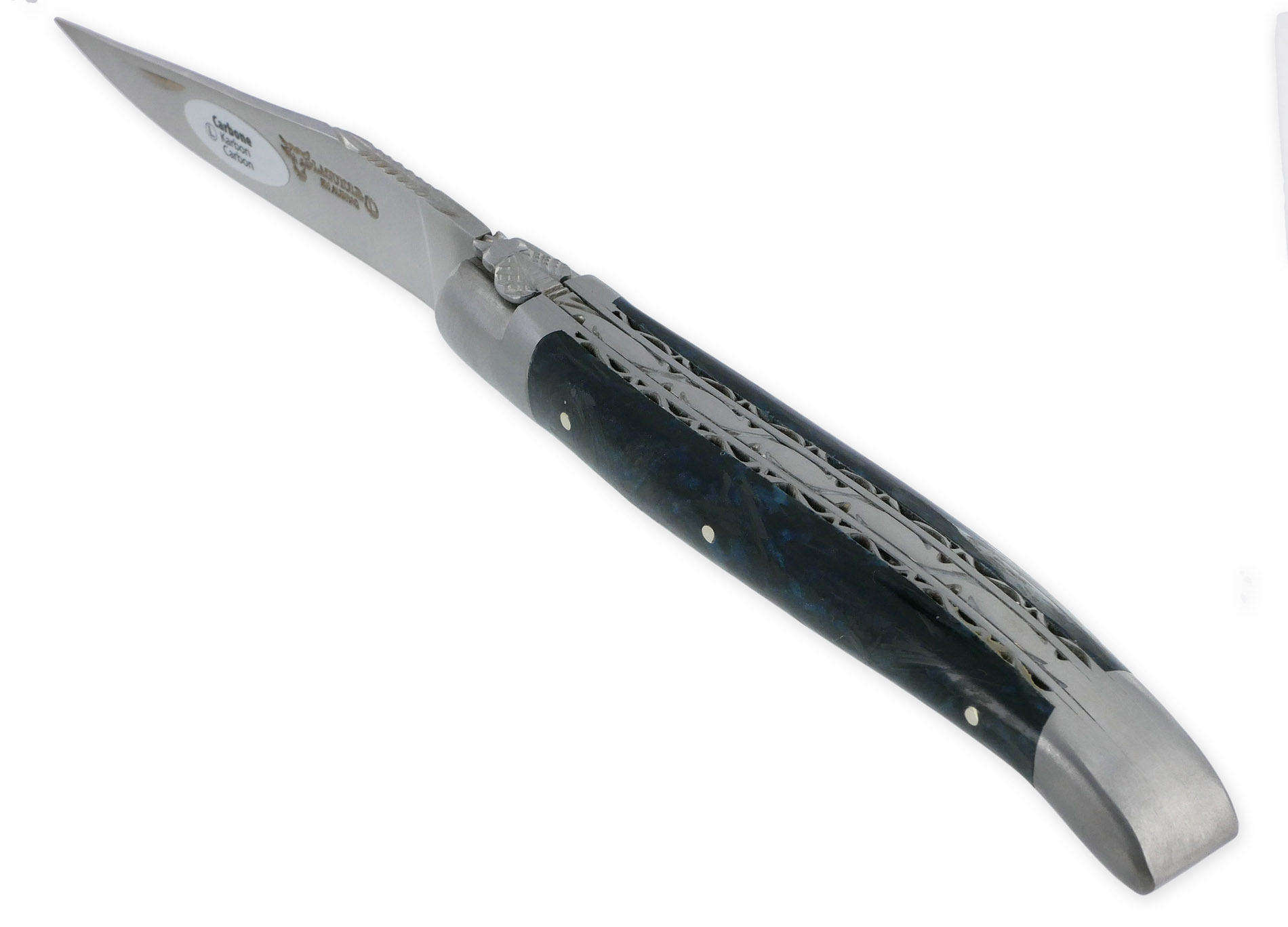 Couteau Laguiole en Aubrac 1 Pièce 12 cm Double Platines Carbone Pailleté Bleu Nacré 2 Mitres Inox Brossé Lame Inox Brossé Num3