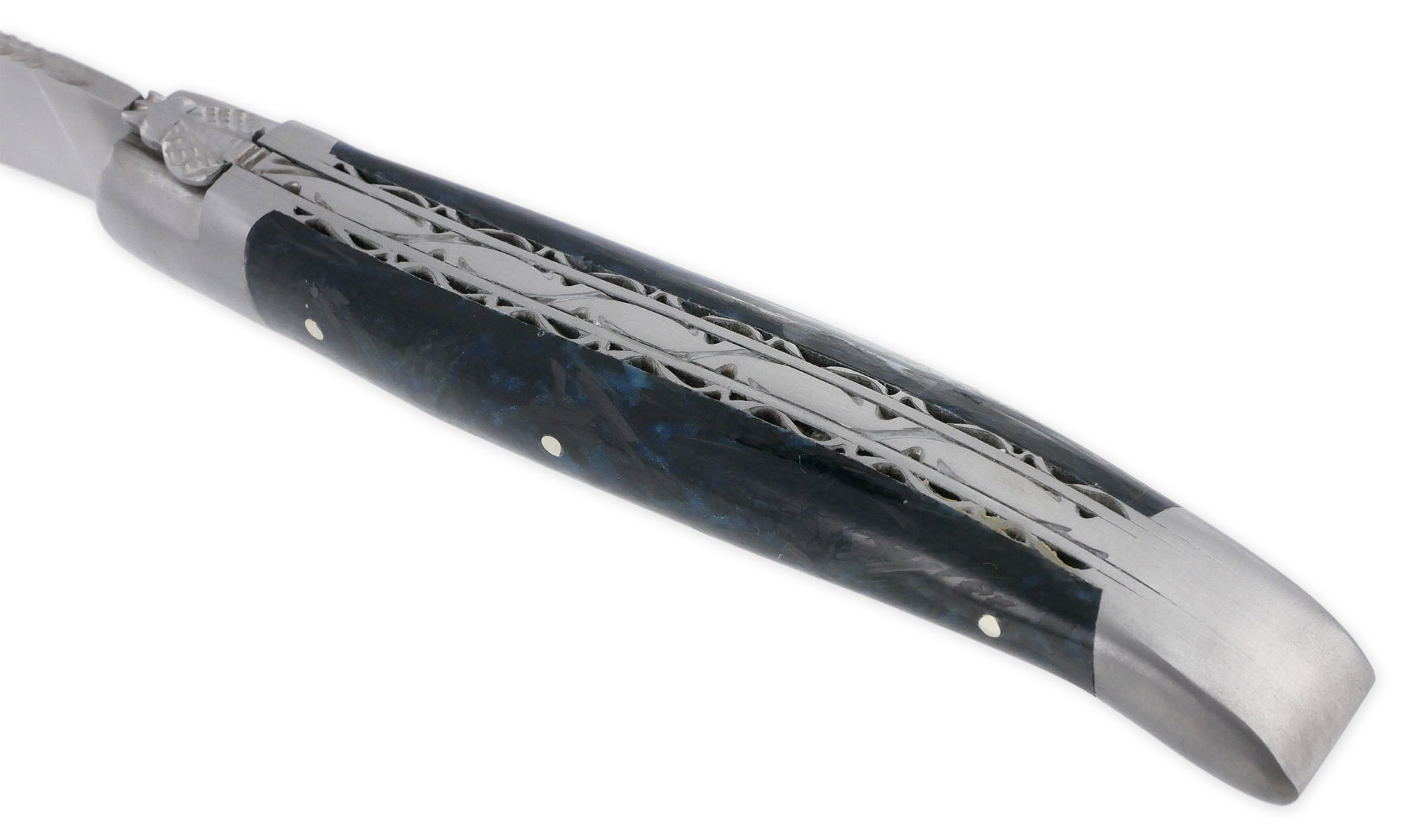 Couteau Laguiole en Aubrac 1 Pièce 12 cm Double Platines Carbone Pailleté Bleu Nacré 2 Mitres Inox Brossé Lame Inox Brossé Num3