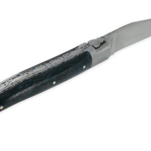 Couteau Laguiole en Aubrac 1 Pièce 12 cm Double Platines Carbone Pailleté Bleu Nacré 2 Mitres Inox Brossé Lame Inox Brossé Num3