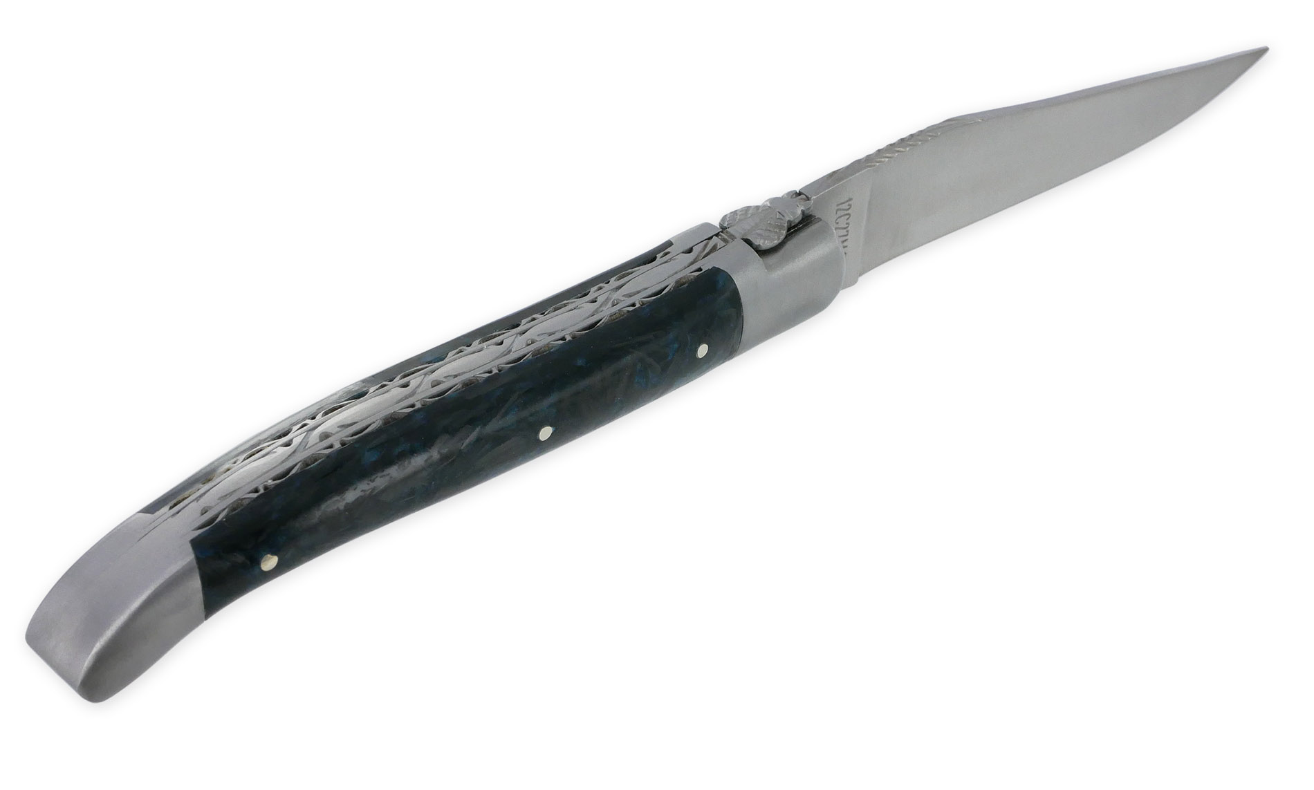 Couteau Laguiole en Aubrac 1 Pièce 12 cm Double Platines Carbone Pailleté Bleu Nacré 2 Mitres Inox Brossé Lame Inox Brossé Num3