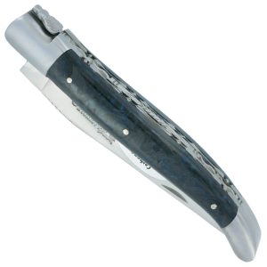Couteau Laguiole en Aubrac 1 Pièce 12 cm Double Platines Carbone Pailleté Bleu Nacré 2 Mitres Inox Brossé Lame Inox Brossé Num 1