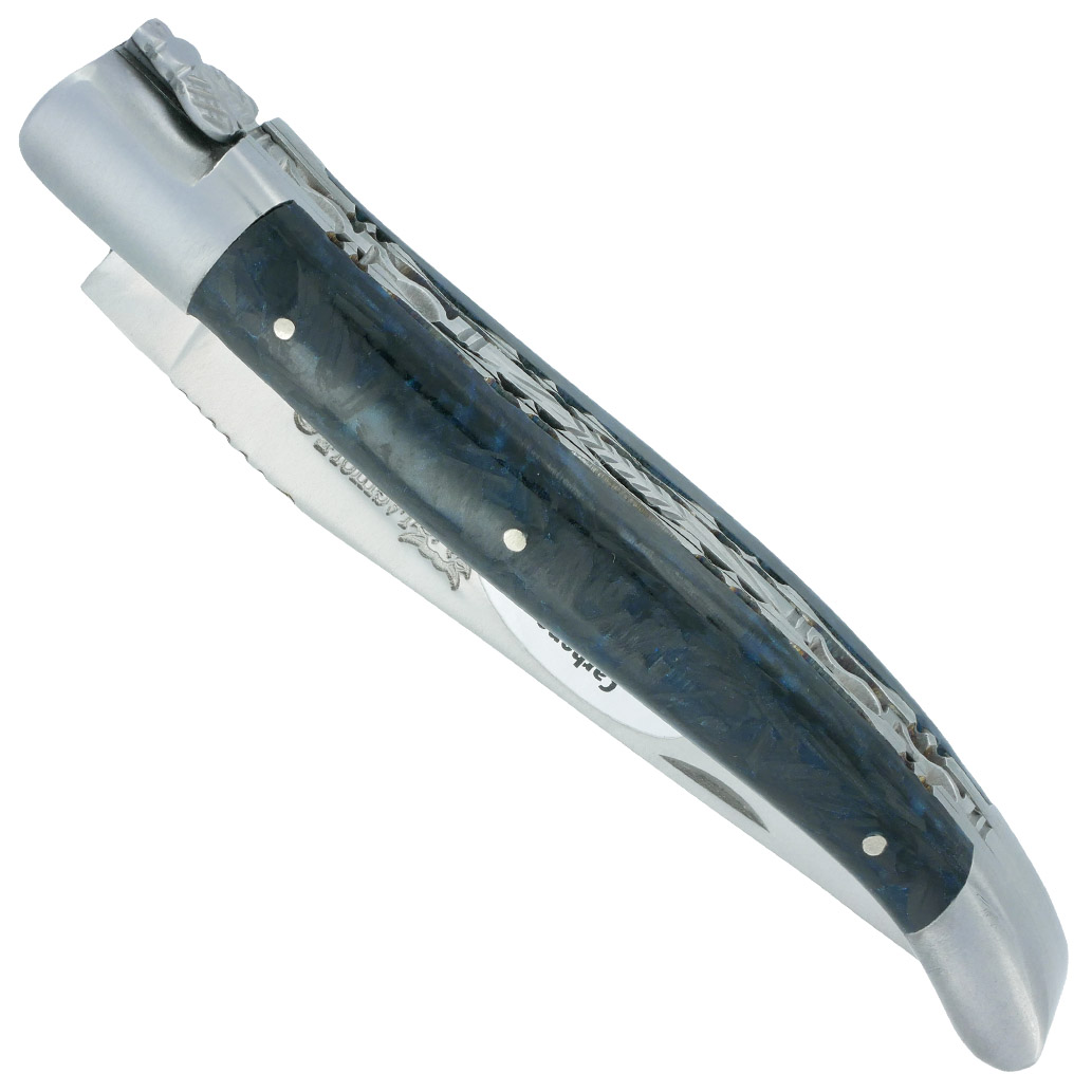 Couteau Laguiole en Aubrac 1 Pièce 12 cm Double Platines Carbone Pailleté Bleu Nacré 2 Mitres Inox Brossé Lame Inox Brossé Num 1