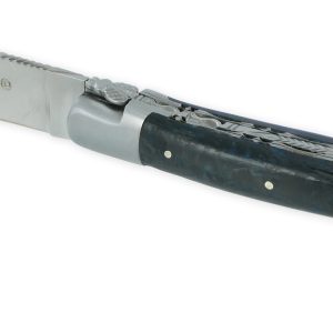 Couteau Laguiole en Aubrac 1 Pièce 12 cm Double Platines Carbone Pailleté Bleu Nacré 2 Mitres Inox Brossé Lame Inox Brossé Num 1