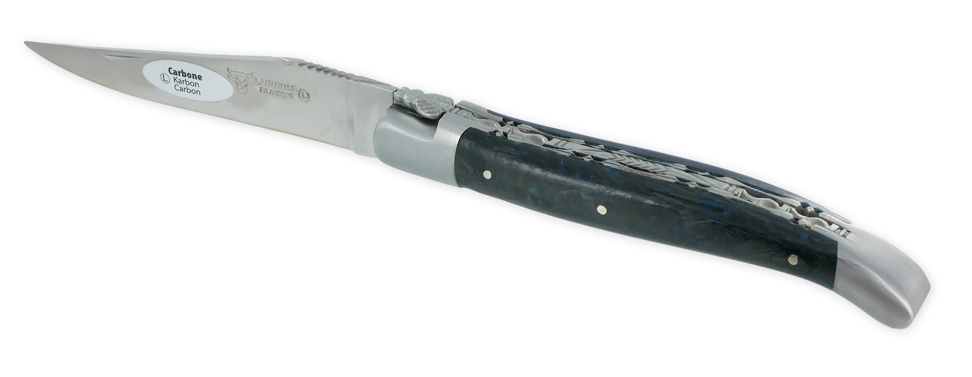 Couteau Laguiole en Aubrac 1 Pièce 12 cm Double Platines Carbone Pailleté Bleu Nacré 2 Mitres Inox Brossé Lame Inox Brossé Num 1