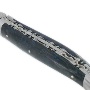 Couteau Laguiole en Aubrac 1 Pièce 12 cm Double Platines Carbone Pailleté Bleu Nacré 2 Mitres Inox Brossé Lame Inox Brossé Num 1
