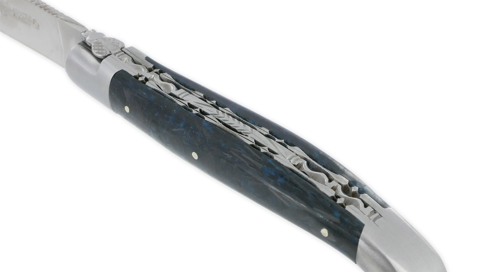 Couteau Laguiole en Aubrac 1 Pièce 12 cm Double Platines Carbone Pailleté Bleu Nacré 2 Mitres Inox Brossé Lame Inox Brossé Num 1
